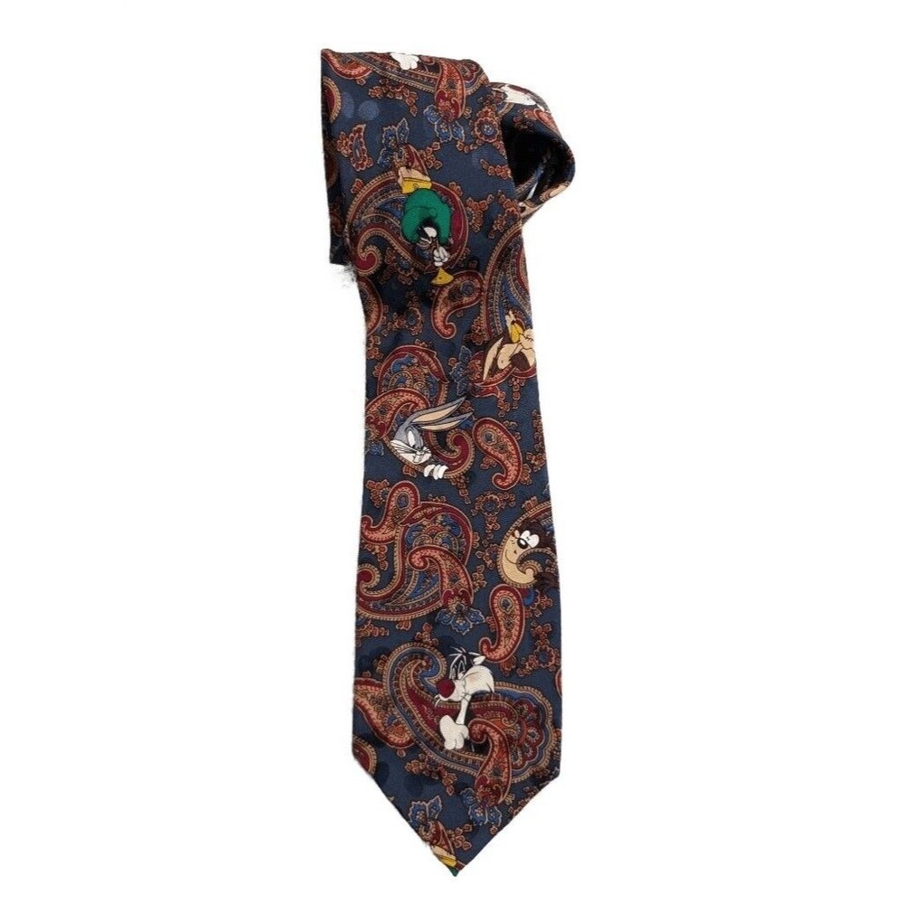 Looney Tunes Mania 1993 Silk Paisley Tie Bugs Bunny Taz Navy Blue